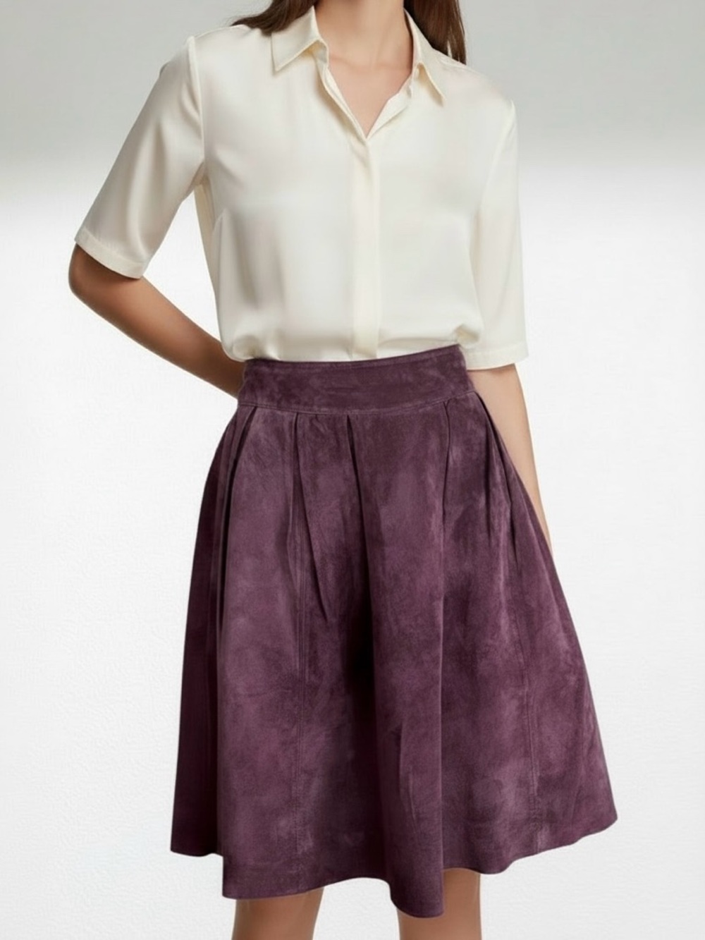 Pink Tartan Suede Leather Pleated A-Line Skirt Purple Eggplant Purple Sz 2